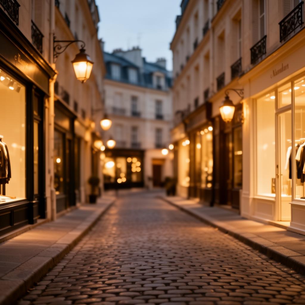 An elegant cobblestone neighborhood at dusk